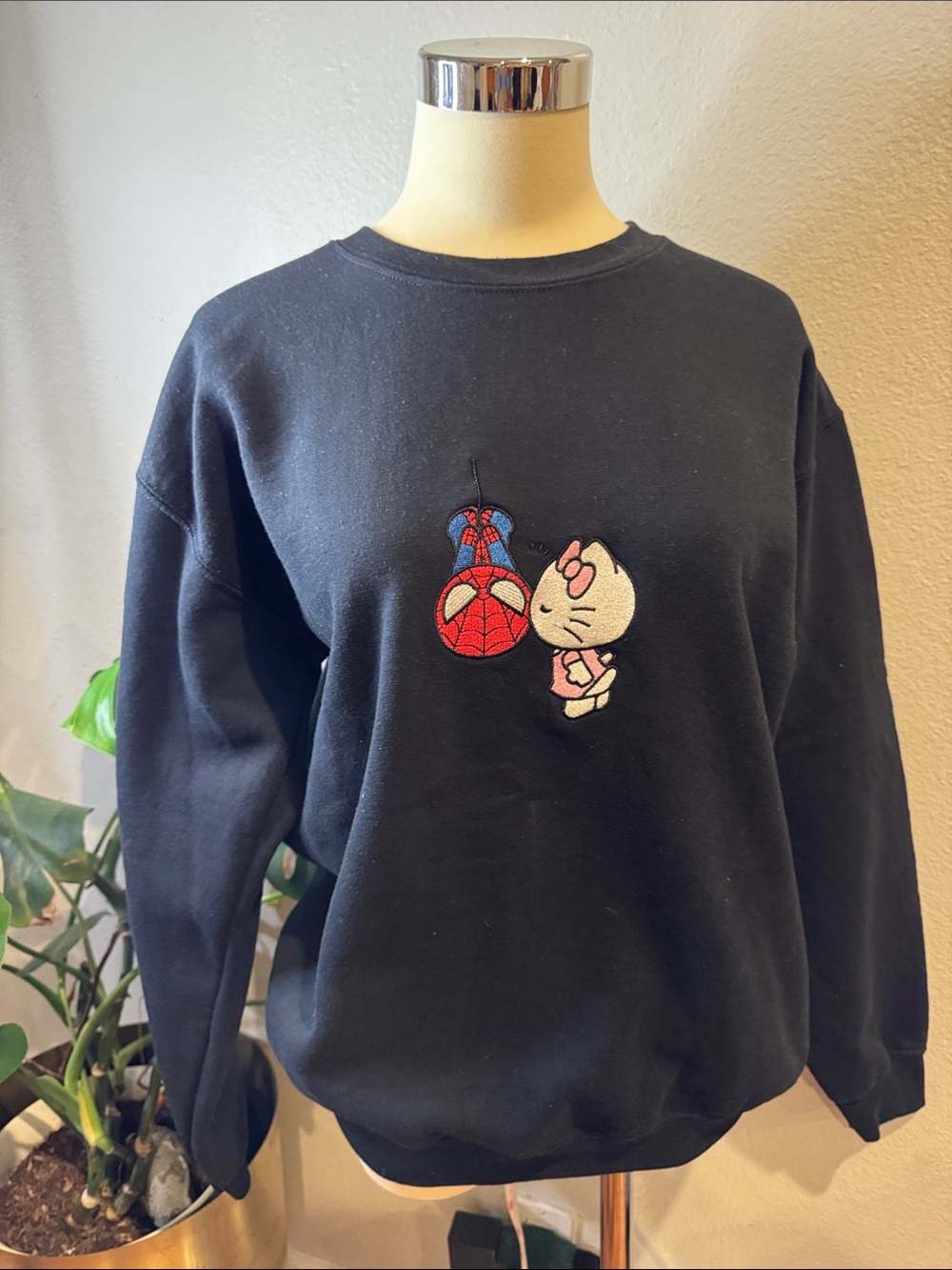 Gildan Black Crewneck Sweater with Spiderman & Hello Kitty Embroidery
